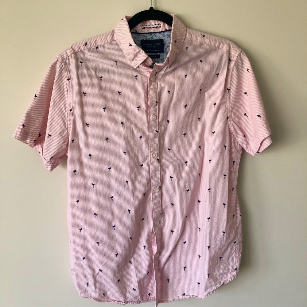 Flamingo Print Short Sleeve Button Up